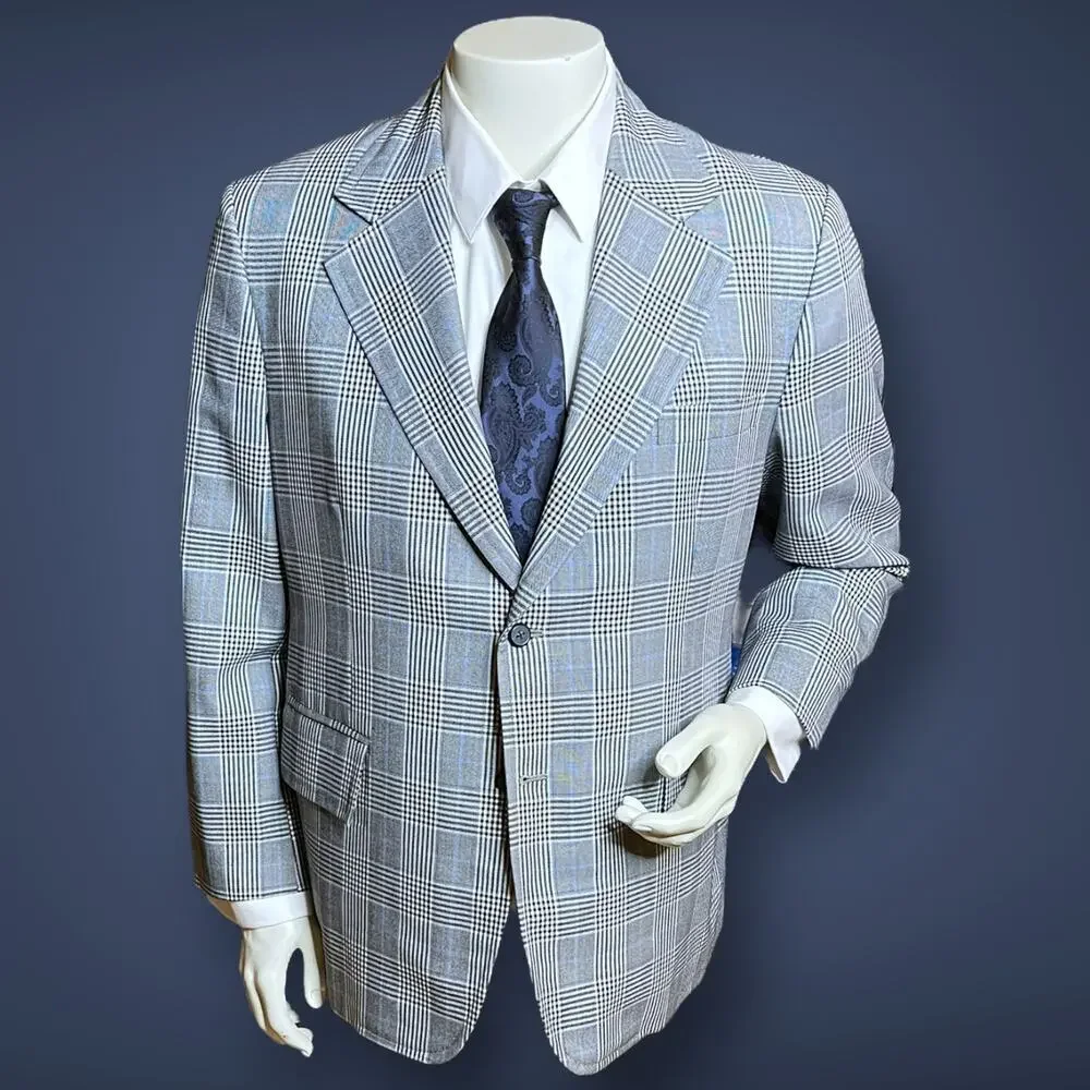 VTG Tailored Sport Coat Blazer Mens Glen Plaid Blue Gray Black White Custom 44R